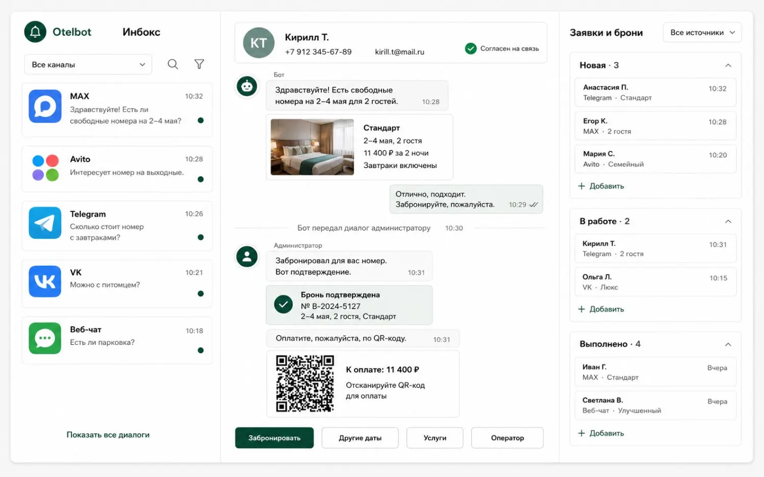 Инбокс ОтельБота: слева обращения из MAX, Авито, Telegram, VK и веб-чата, в центре диалог с гостем про свободные номера и подтверждённая бронь, справа доска заявок