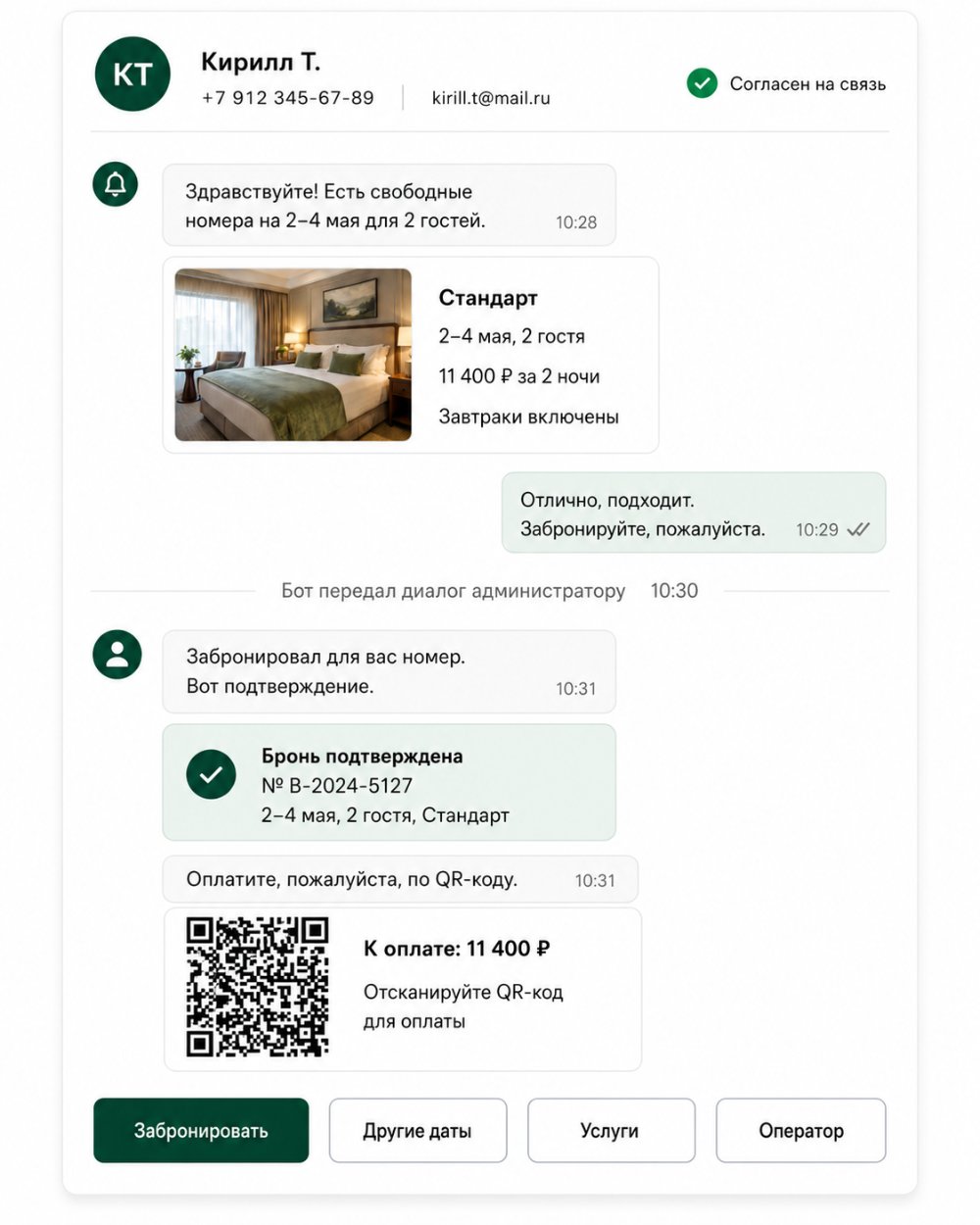 Диалог с гостем в CRM ОтельБота: бот подбирает номер и показывает цену на выбранные даты из системы отеля.